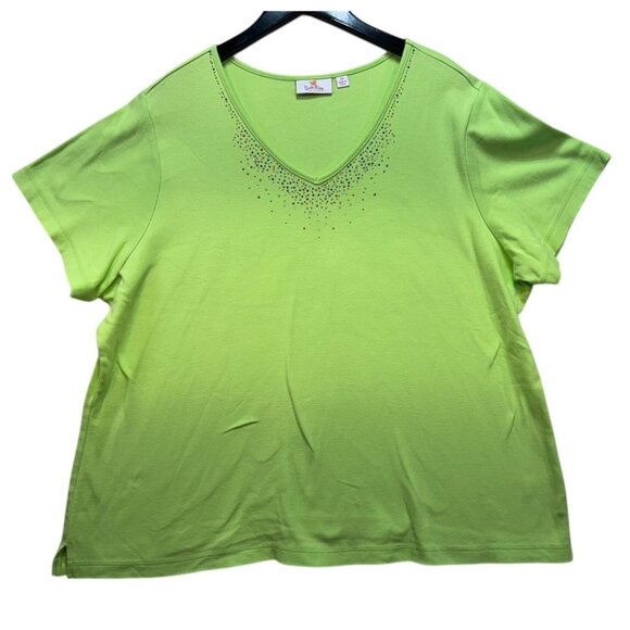 Quacker Factory Womens Beaded V-Neck Tee Top 2X Green Short Sleeve Cotton - Picture 1 of 11
